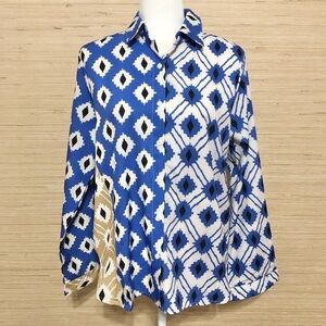 Women’s Blue White Gold Abstract Colorblock Button Front Bell Sleeve Shirt Large